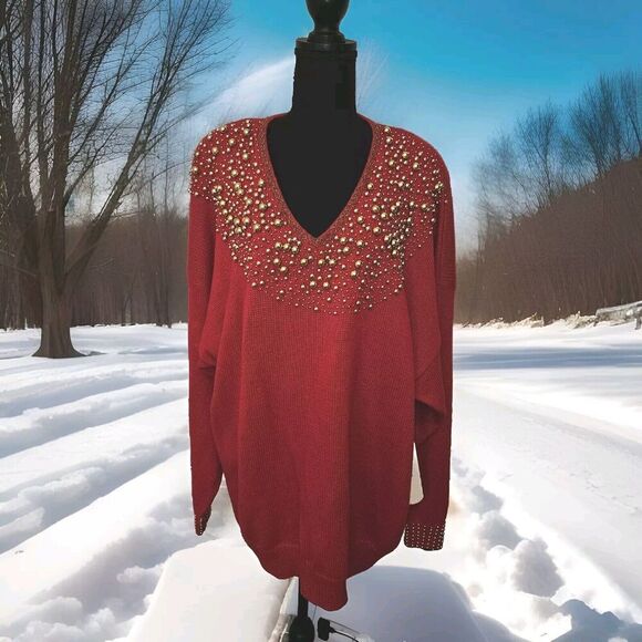 Victoria Woman Sweaters - NWT Vintage Victoria Women’s Size 3XL Sweater Beading Knit Red Holiday
